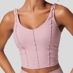 HALARA Ribbed Backless Lettuce Trim Cropped Yoga Tank Sz: L Color:Bleached Mauve